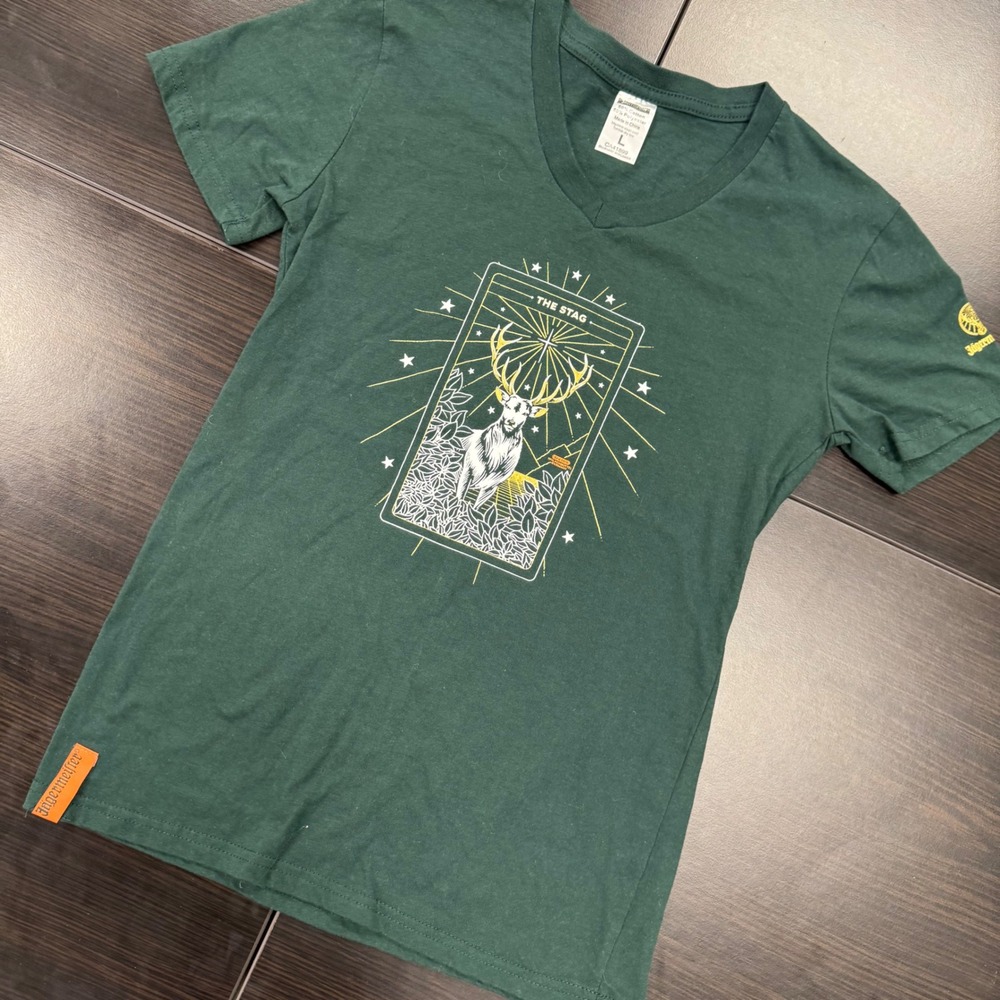 Jagermeister T-Shirt Women L Green Excellent The Stag Tarot Card V-Neck Graphic